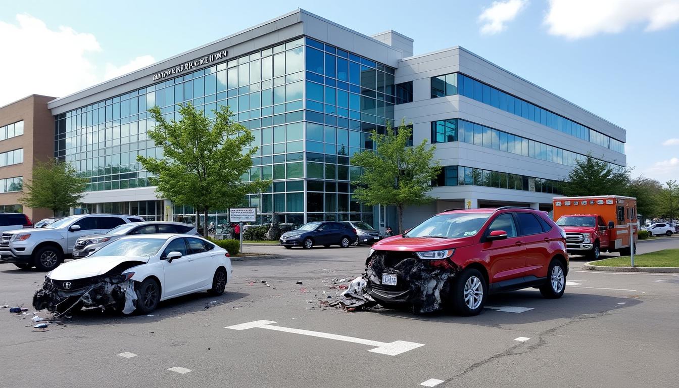 une voiture percutée à un carrefour de st. cloud dérape et heurte le bâtiment administratif du comté de stearns, causant des dégâts et perturbant les activités locales.