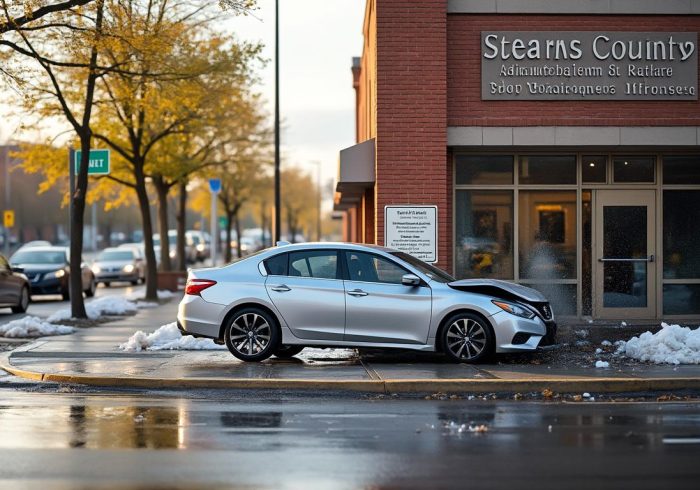 un véhicule percuté à un carrefour de st. cloud dévie sa trajectoire et percute le bâtiment administratif du comté de stearns, provoquant des dégâts et mobilisant les services d'urgence.